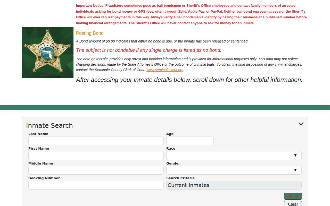 Seminole County jail roster and booking search fields