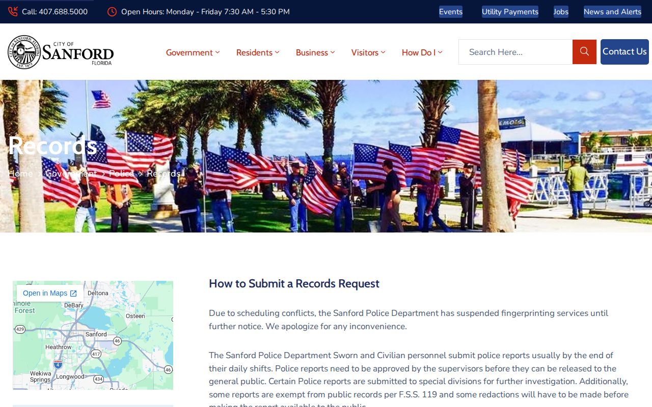 Sanford Police arrest records request page for Seminole County