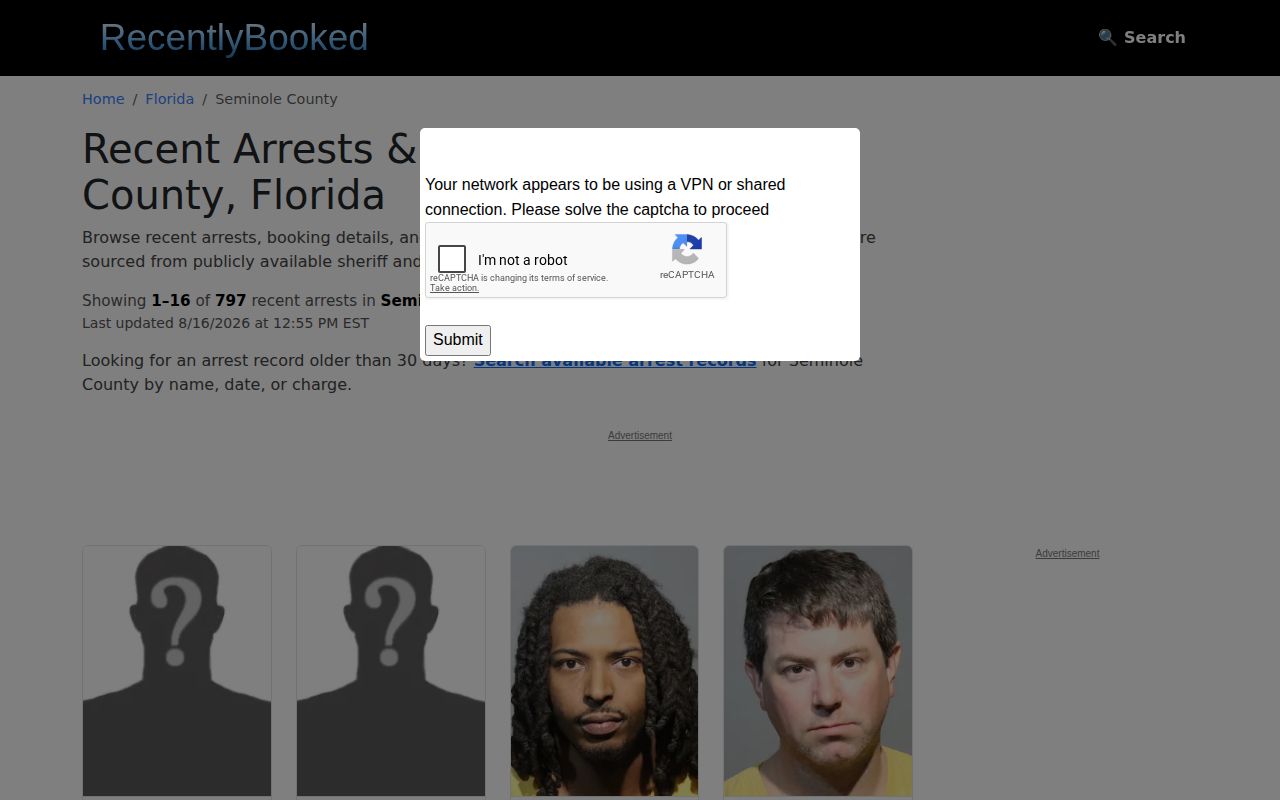 Unofficial Seminole County recent booking page for comparison